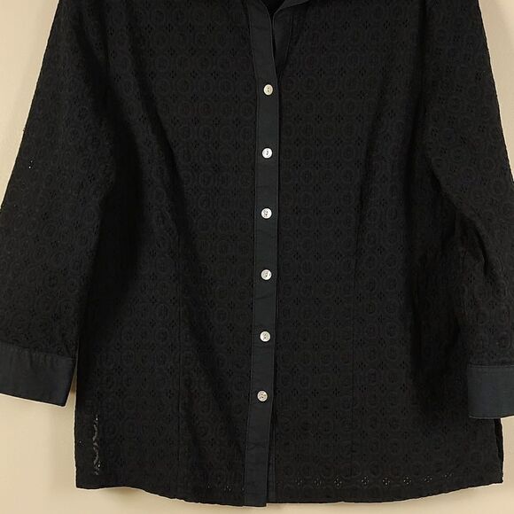 Fresh Produce Black Alseyel Eyelet Lace 3/4 Sleeve Button Front Blouse Top - Picture 9 of 13